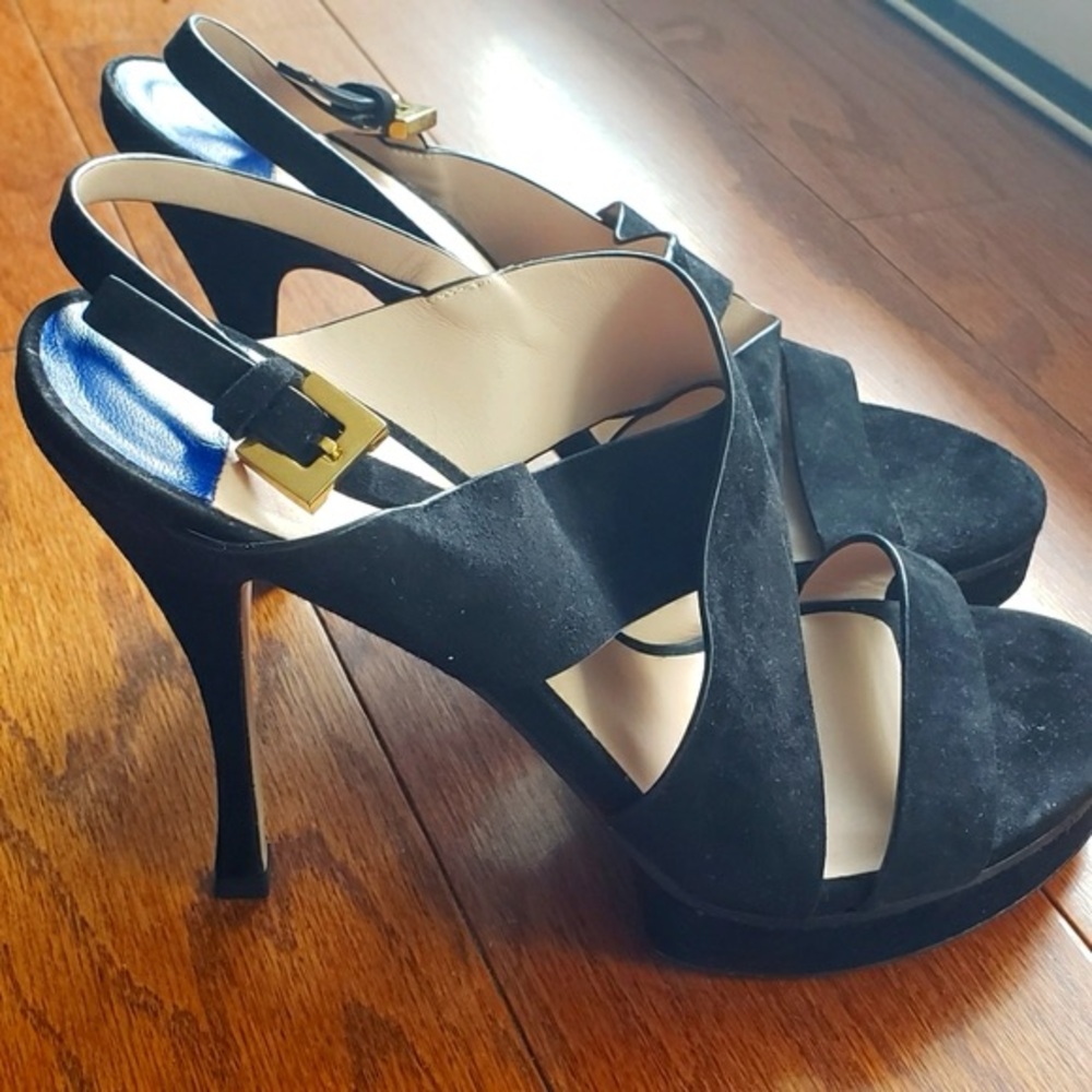Stuart Weitzman Black Suede Heels with Gold Buckle